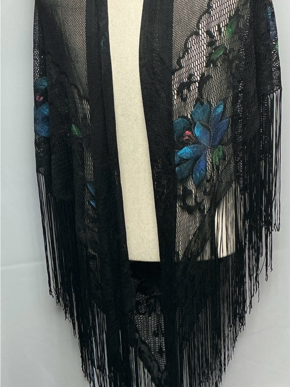 Black Fringe Lace Shawl with Blue Floral